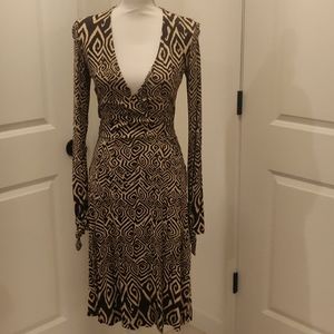 Diane von Furstenberg DVF Heracles Brown Print Midi Wrap Silk Long Slv Dress
